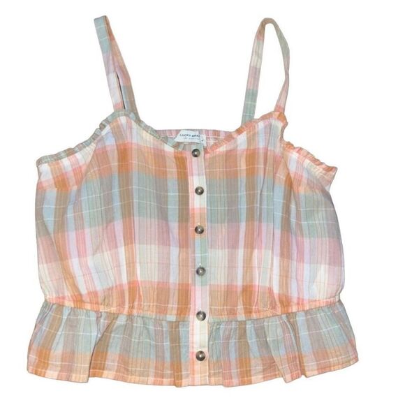 Lucky‎ Brand Plaid Peplum Cami Top Sleeveless Blouse Ruffle Trim - Picture 4 of 8